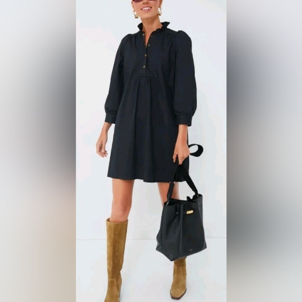 Tuckernuck POMANDER PLACE Claiborne Black Puff Ruffle Sleeve Mini Dress Preppy
